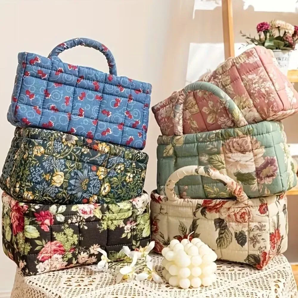 Vintage Floral Quilted Storage Basket Fabric Organizer Bin with Handles